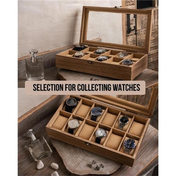 Watch Box, Watch Case for Men Women with Large Glass Lid, Wooden Watch Display - Picture 5 of 6